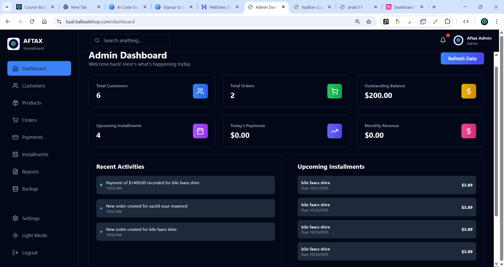 Admin Dashboard - AFTAX Investment System - Google Chrome 10_20_2025 11_01_22 AM
